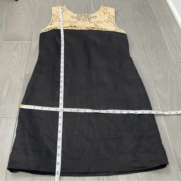NWT LOFT Black Linen Shift Mini Dress Beige Crochet Lace Floral Neck Color Block - Picture 12 of 13